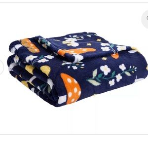 Navy Fleece Mushroom and Daisy Throw Blanket, Shrooms Blanket, Bohemian Blanket